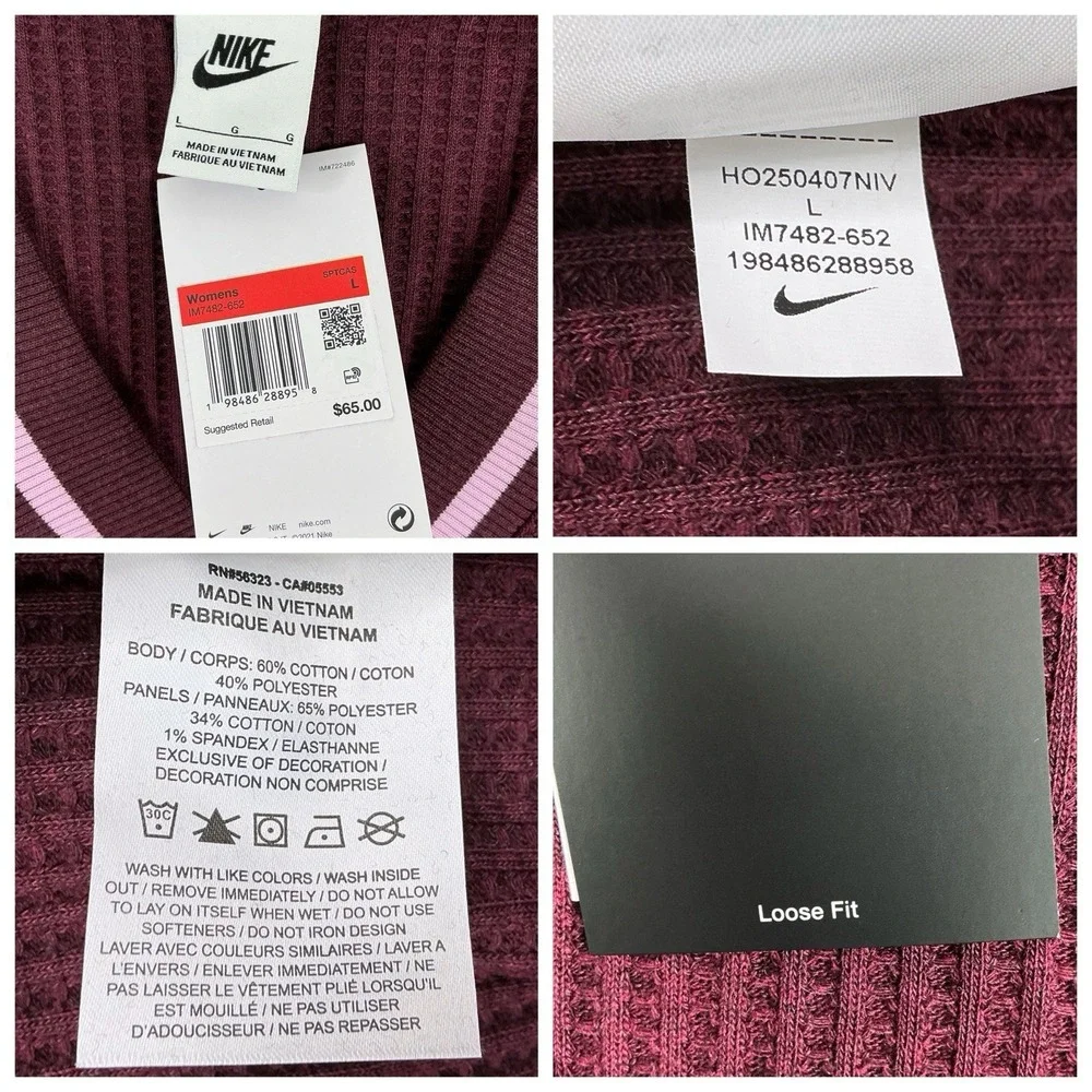 Nike Vest Women Large Burgundy‎ Sleeveless Waffle Knit Sweater M7482 Logo Preppy